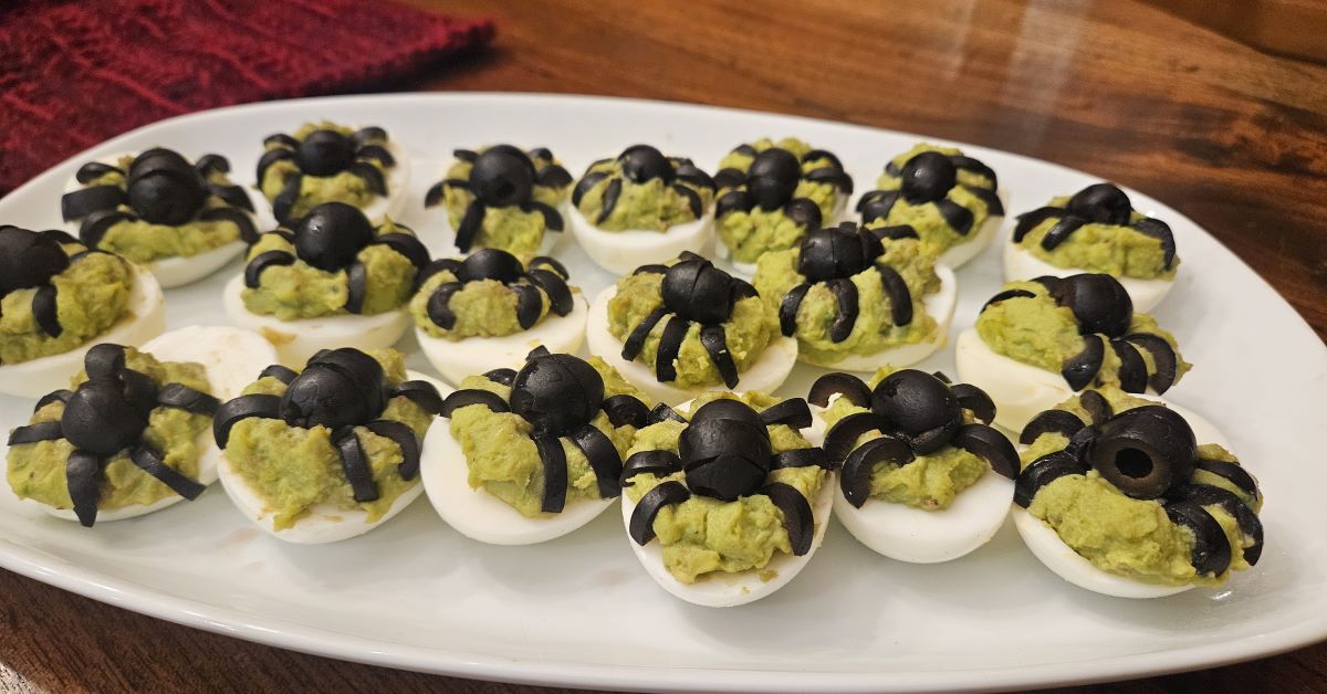 Halloween Spider Avocado Deviled Eggs (Mayo option)